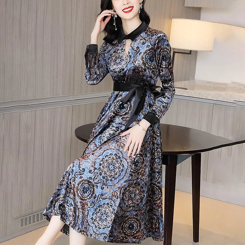 РЕТРО ПРИНТ вельветовое платье для женщин элегантные шикарные с лацканами миди