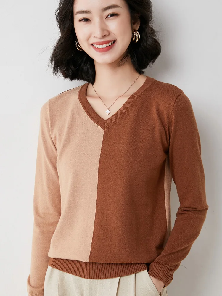 

Autumn and Winter New Women's Thin Section Slim Color Matching V-neck Cardigan Long-Sleeved Jacket 60119