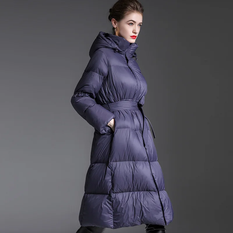SofBeauForY New White Duck Down Hooded Down Jacket Winter Women Mid-length Wver-the-knee Thick Coat Purple & black colors