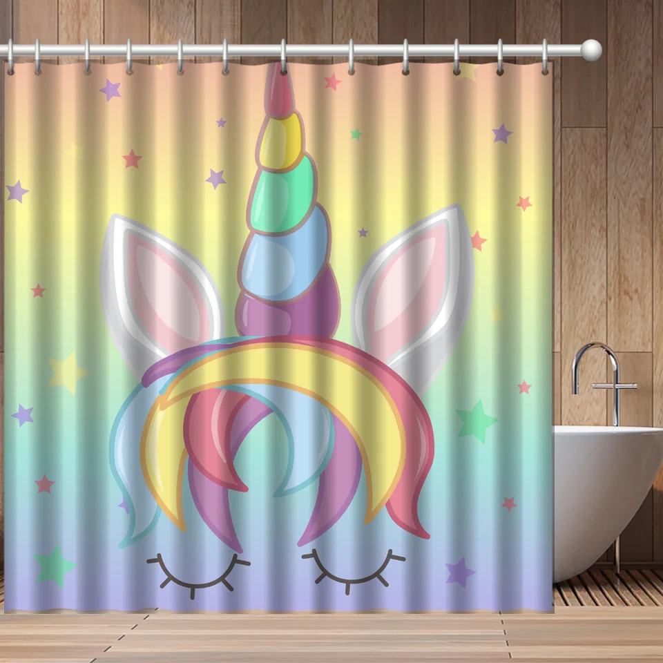

Unicorn Shower Curtain Rainbow Colorful Girl Cute Kids Cartoon FUUNY Polyester Fabric Waterproof 12 Pack Plastic Hooks