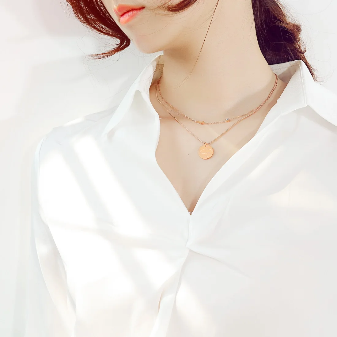 

JHSL Cute Small Lady Girls Women Statement Necklaces & Pendants Rose Gold Color Stainless Steel Fashion Jewelry