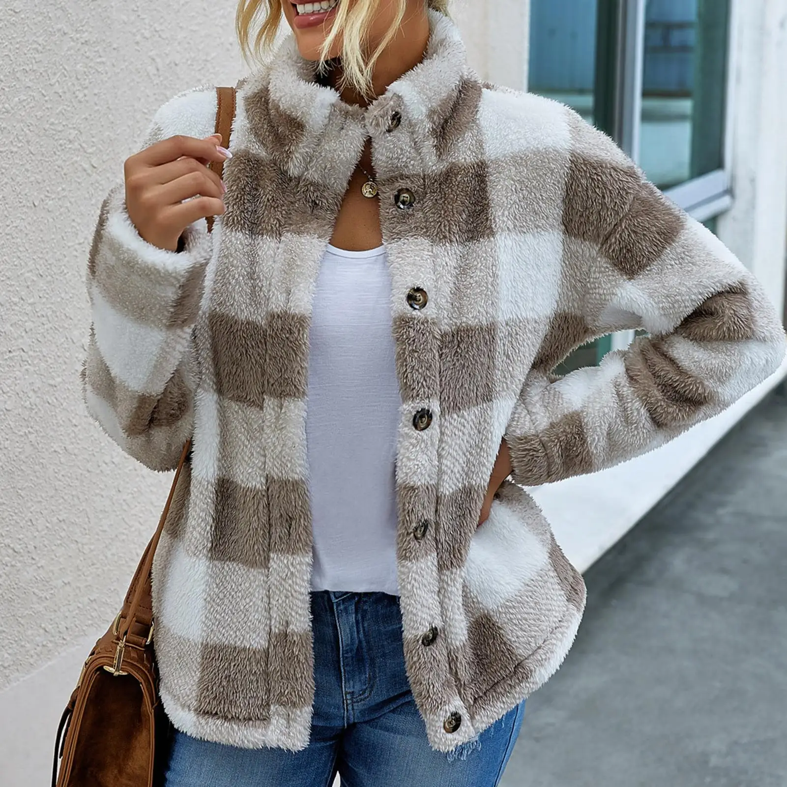 

Women Turn Down Collar Long Sleeve Plaid Coat Pockets Buttons Warm Fluffy Push Jacket Cardigan