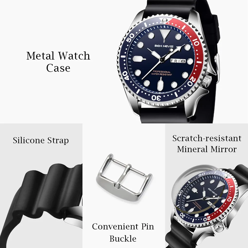 

2021 Fashion Men Waterproof Quartz Watch Adjustable Silicone Watchband Date Calendar Wrist Watches Multi Function Quartz Watch