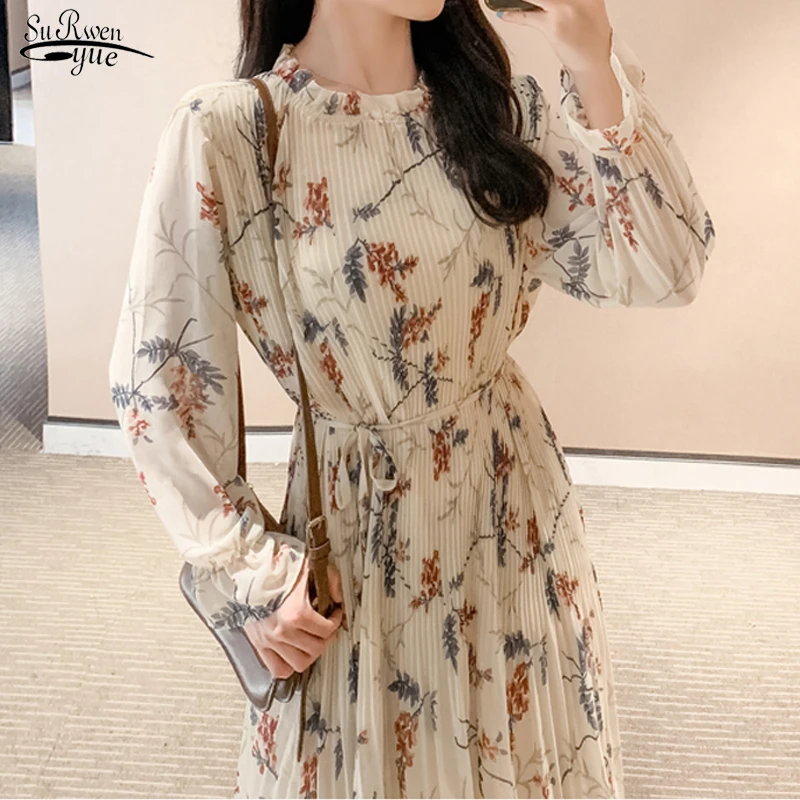 

Autumn Vintage Chiffon Dress Women 2022 Floral Dress Casual Loose Dresses Long Sleeve Flare Sleeve Mid-calf Robe Femme 7150