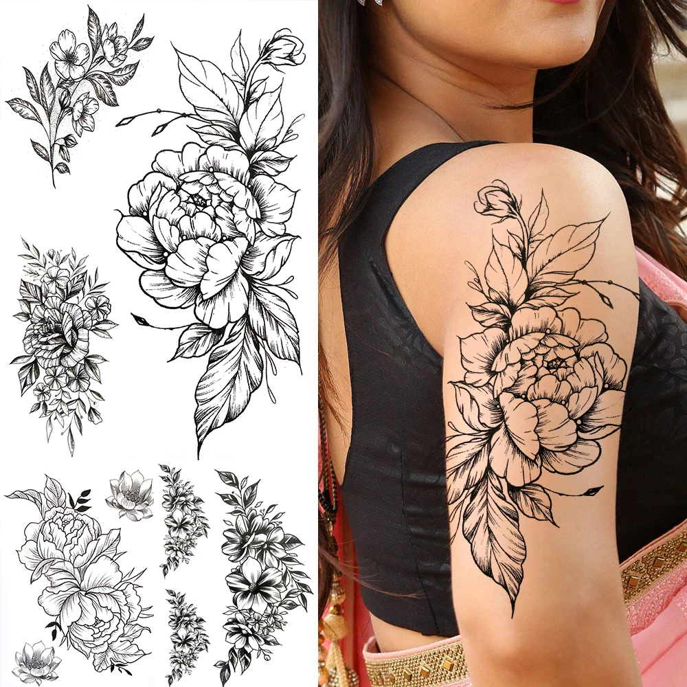 

Large Peony Flower Temporary Tattoos For Women Girls Fake Lily Lotus Dahlia Rose Tattoo Sticker Black Blossom 3D Tatoos Supplies