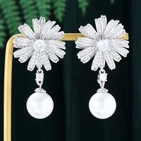 soramoore fashion trendy gorgeous flower pearl earrings for women fine jewelry full cz bridal wedding earrings jewelry new hot