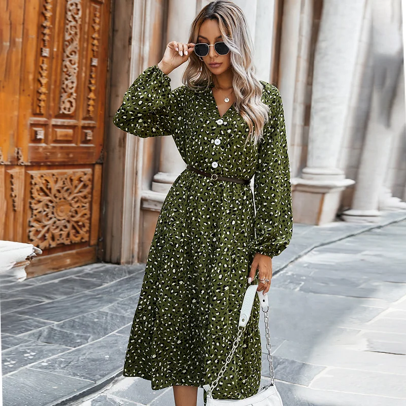 

Spring Long Sleeve Midi Dress Women Autumn Leopard Print Loose White Green Casual Dresses 2021 Fashion Elegant Clothing Fall