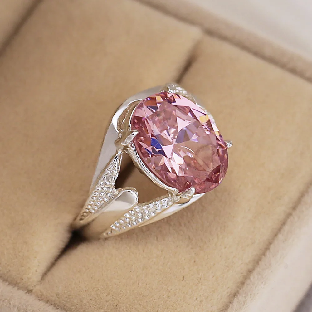 

Gorgeous Silver Plated Women Ring Luxury Oval Cut Pink Gems Crystal Zircon Wedding Ring Engagement Jewelry Anniversary Gift