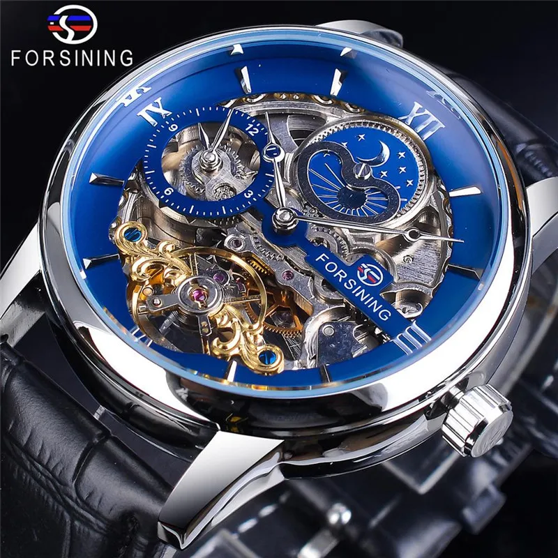 

Forsining Men Skeleton Dial Dual Time Zone Mechanical Watch Gold Leather Band Moon Phase Tourbillon Waterproof Automatic Watch