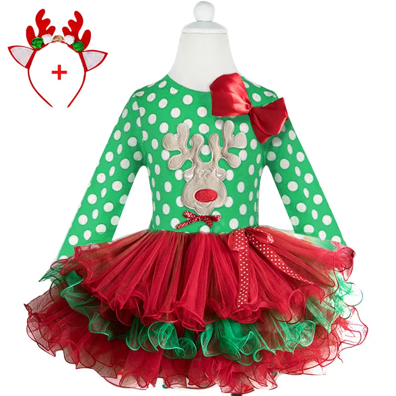 Green Polka Dot Christmas Dress Tutu Party Costume New Year Princess Winter Long Sleeves Children's Clothing | Детская одежда и
