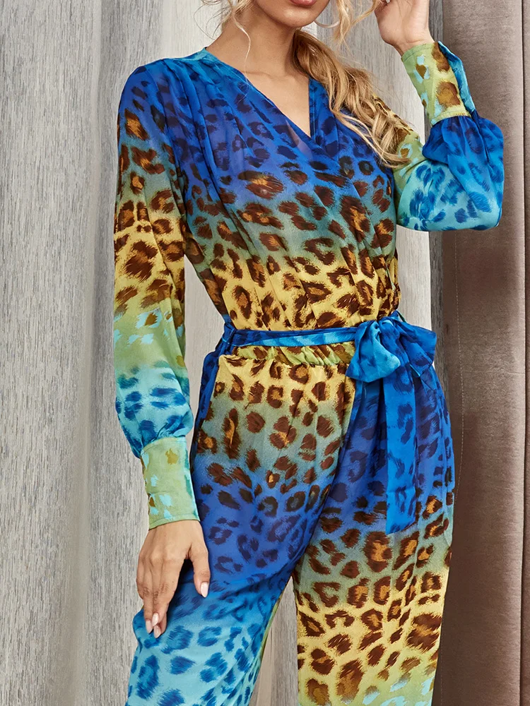 

Sladuo 2021 New Summer Blue Leopard Long Sleeve Celebrity Evening Party Jumpsuit Rompers Sexy V Neck Fashion Club Long Jumpsuit