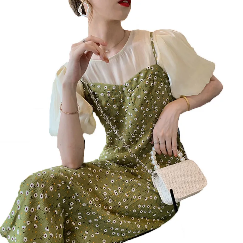 Женский шифоновый костюм-рубашка зеленое платье на бретельках с цветочным