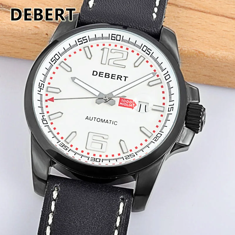 Автоматические Мужские часы DEBERT 44 мм из нержавеющей стали с белым циферблатом