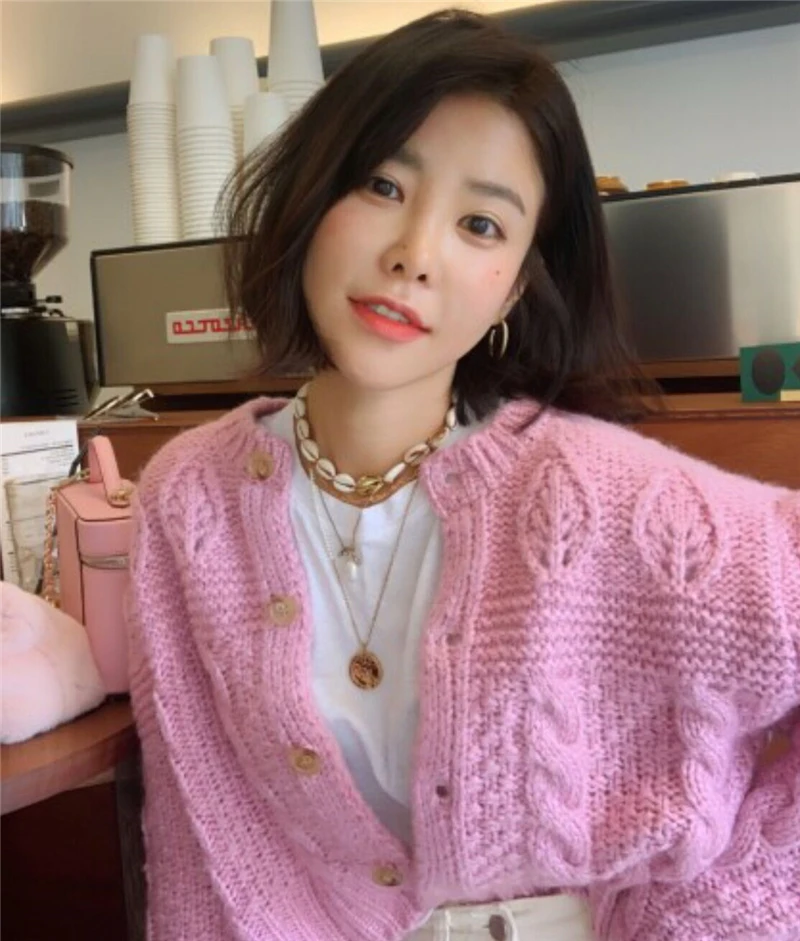 

Elegant Hollow Out Leaves Pattern Knitted Cardigan Women Autumn Multi Color Single Breasted Twist Sweater Short Cardigan Pull