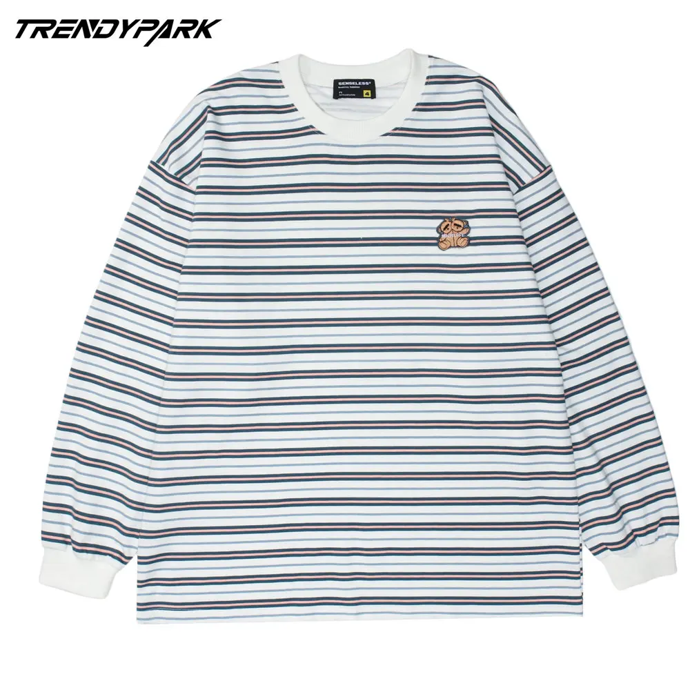 

2021 Men Hip Hop T Shirt Streetwear Harajuku Vintage Striped T-Shirt Cotton Casual Tshirt Autumn Long Sleeve Tops Tees White