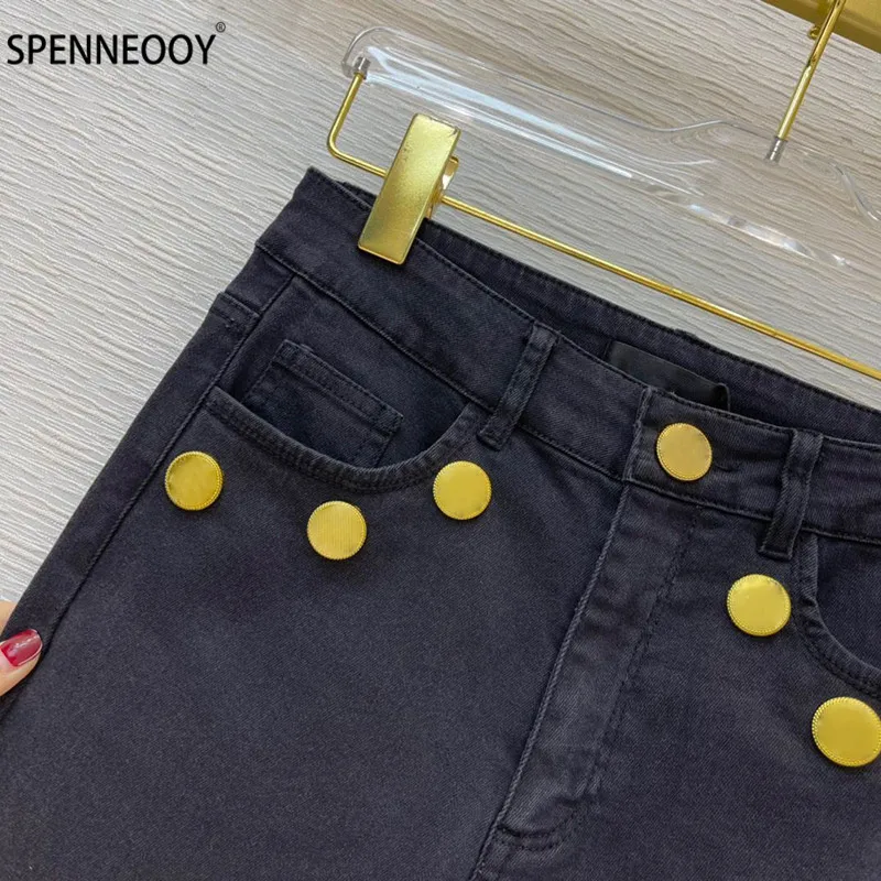 SPENNYMOOR 2021 Designer Brand High-End Custom Black Denim Pencil Pants Women Golden Buttons Elastic Ankle-Length Pants