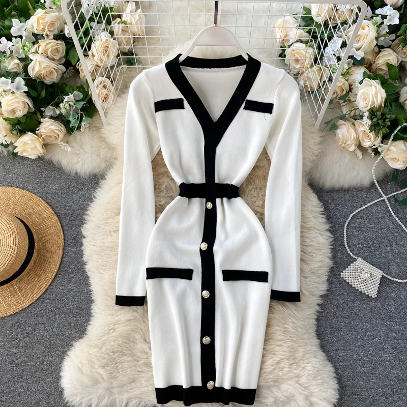 

Women's Autumn Winter Knitting Sweater Dress 2021 New Slim Waist V-neck Mini Short Pullover Dresses
