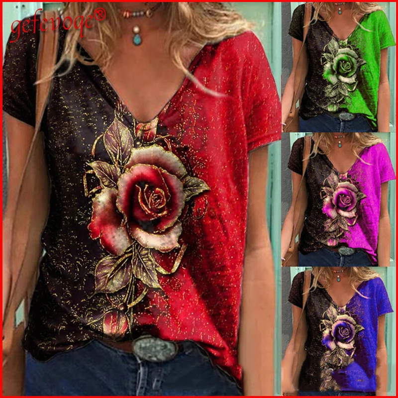 

2021 Women Summer Clothing Fashion 3D Rose Floral Print V Neck Short Sleeve Casual Oversized Harajuku Tees T-shirt Ladies Tops