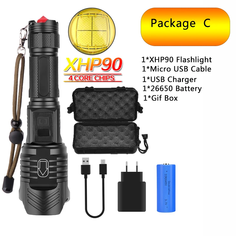 Package C Супер яркий светодиодный фонарь XHP90, перезаряжаемый, водонепроницаемый, фонарь с молотком Безопасности на открытом воздухе, батарея 26650, бесступенчатая лампа с затемнением - Испускаемый цвет: Package C