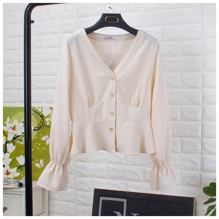 Women Shirt Элегантная женская рубашка с расклешенными рукавами и v-образным вырезом, леопардовая Базовая рубашка с оборками, повседневный короткий тонкий кардиган с высокой талией, шифоновая блуза на пуговицах, топы - Цвет: Women Shirt