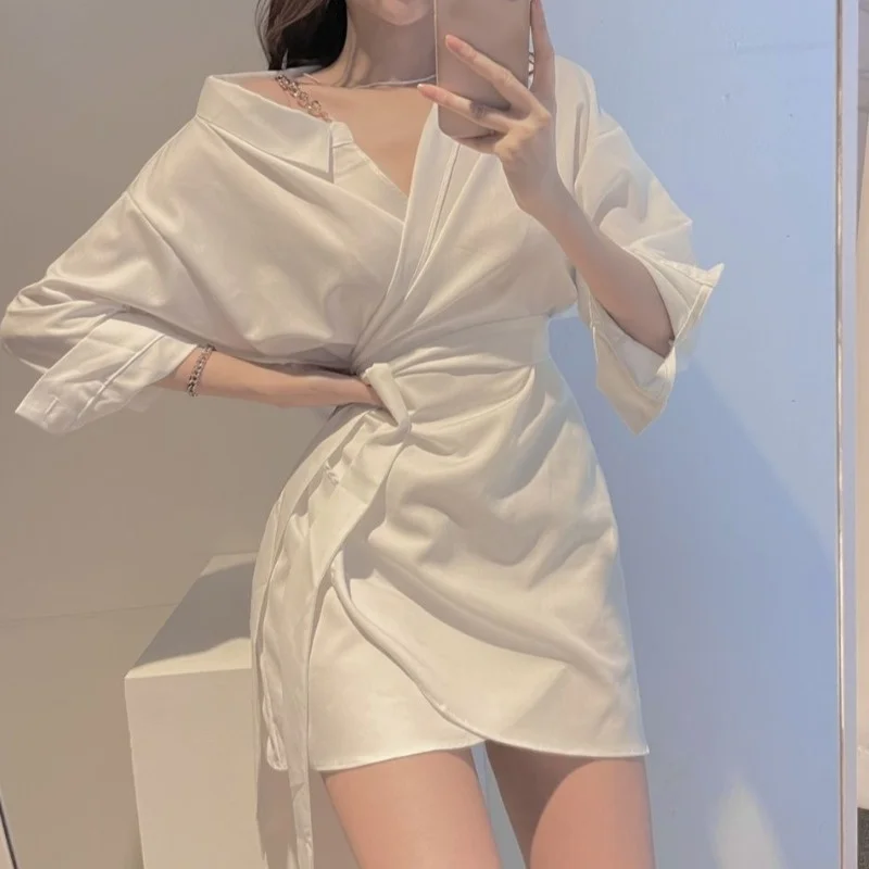 

Lapel Shirt Skirt Korean Chic Spring New High Sense Small Waist Closing Long Sleeve Dressshesam-B Rachel