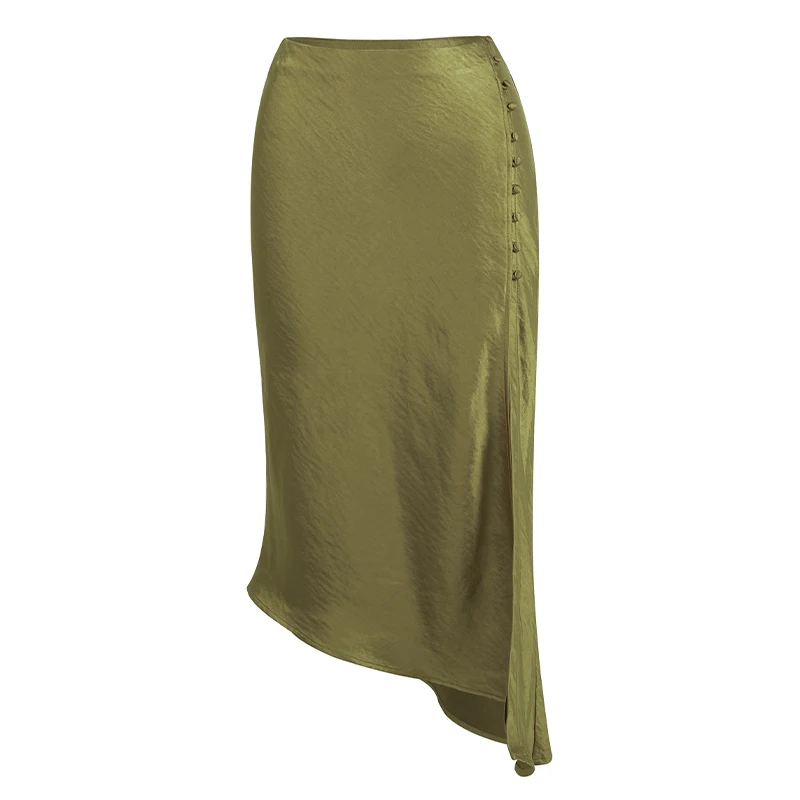 

Satin skirt sexy side split botton Elegant party skirt gold green black color 2021 summer new bottom midi skirt High waist