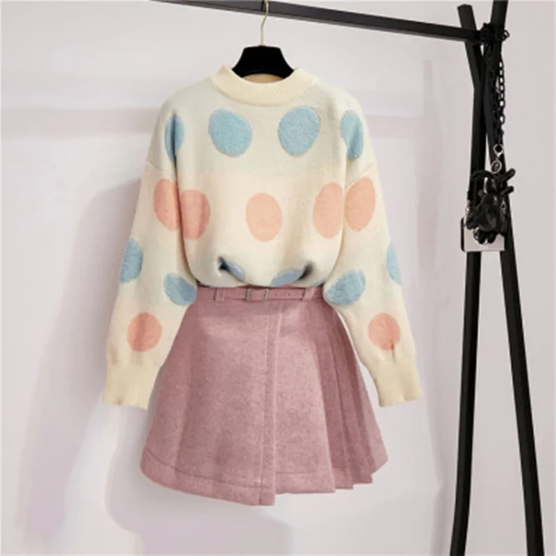 Осенний Элегантный новый свитер в горошек Свободный теплый топ с круглым вырезом