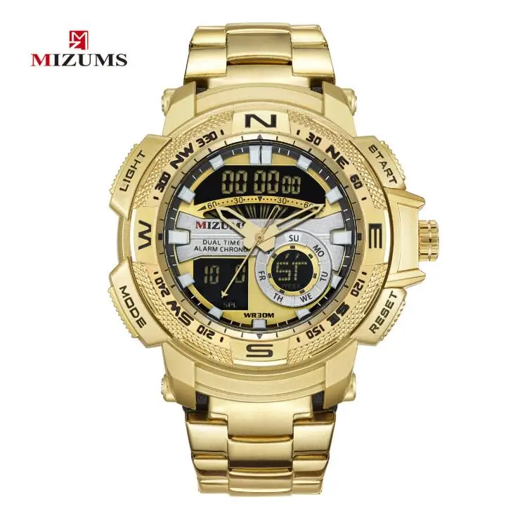 Gold MIZUMS, новинка, военные наручные часы, светодиодный, цифровые, спортивные часы для мужчин, нержавеющая сталь, ремешок, двойное время, кварцевые часы, мужские часы - Цвет: Gold
