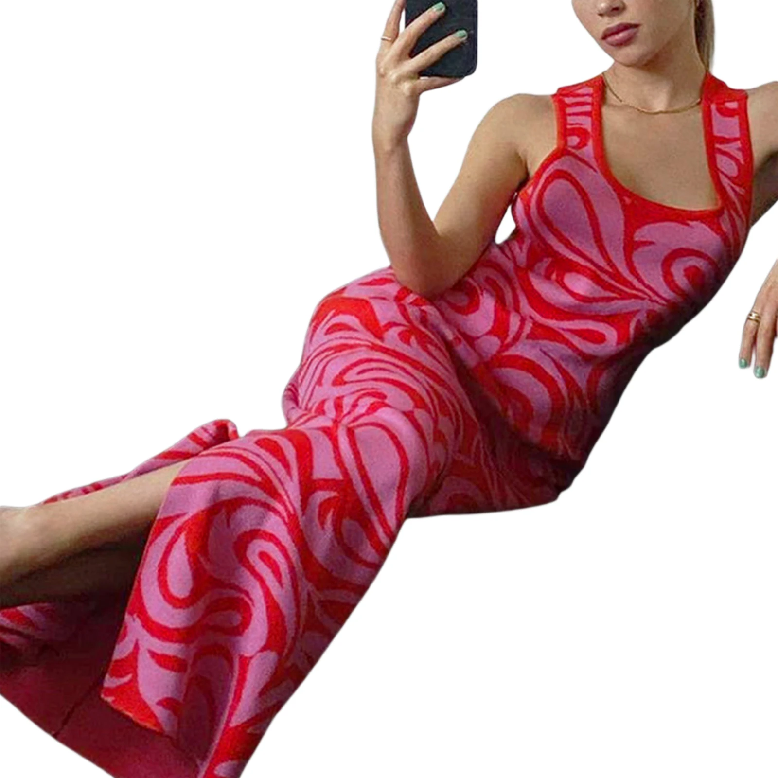 

Women's Sleeveless Casual Maxi Dress, Sexy Damask Print Criss Cross Backless Split Hem Knit Tank Dress 2021 Summer