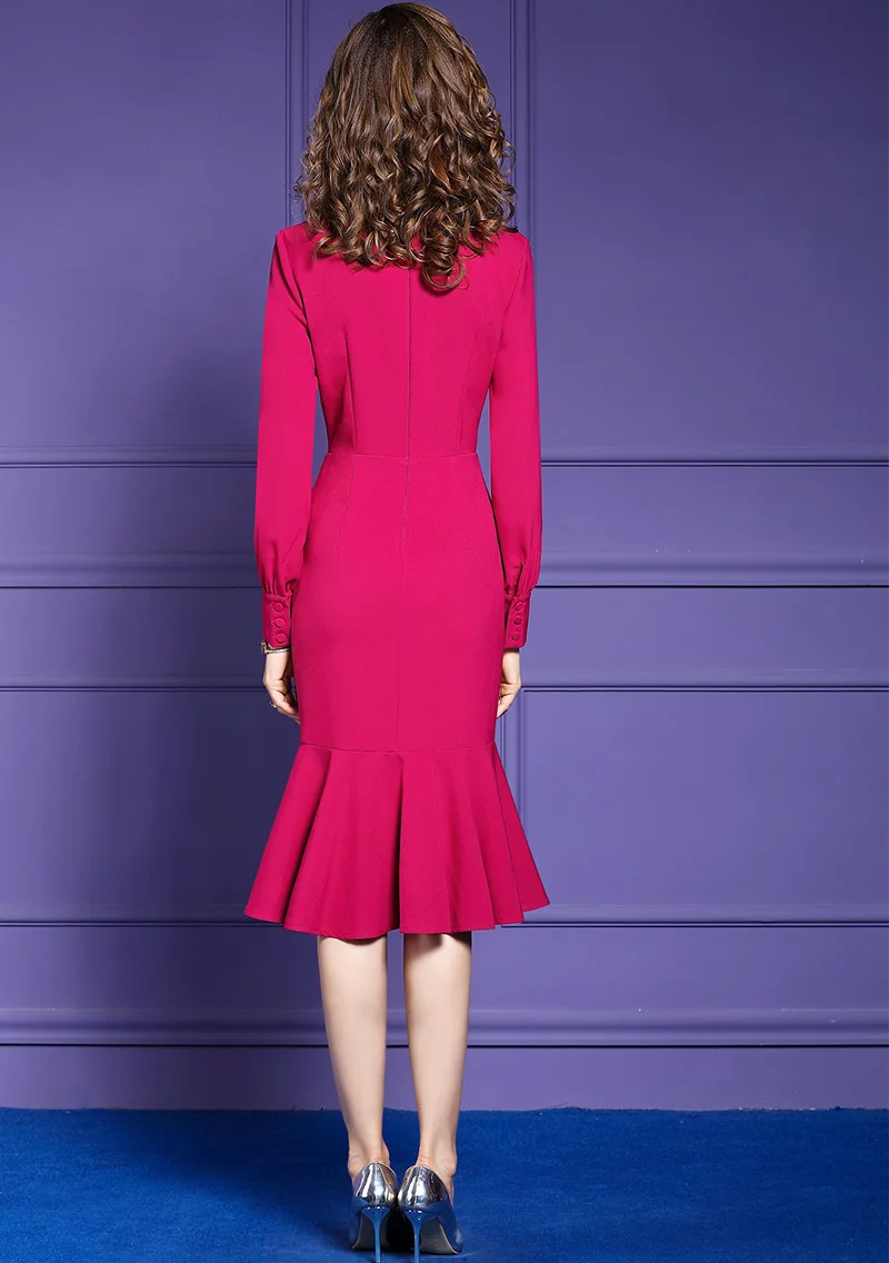 

Spring Fashion 2021 Sexy Party Mermaid Dresses Women O-Neck Ruffle Front Long Sleeve Mid-Calf Length Dark Blue Purple Dress XL