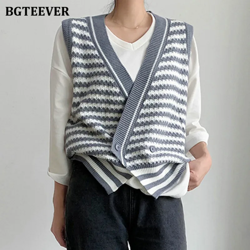 

Стильный вязаный женский кардиган BGTEEVER в полоску с V-образным вырезом, Осень-зима 2021, Свободные повседневные женские свитера без рукавов, жи...