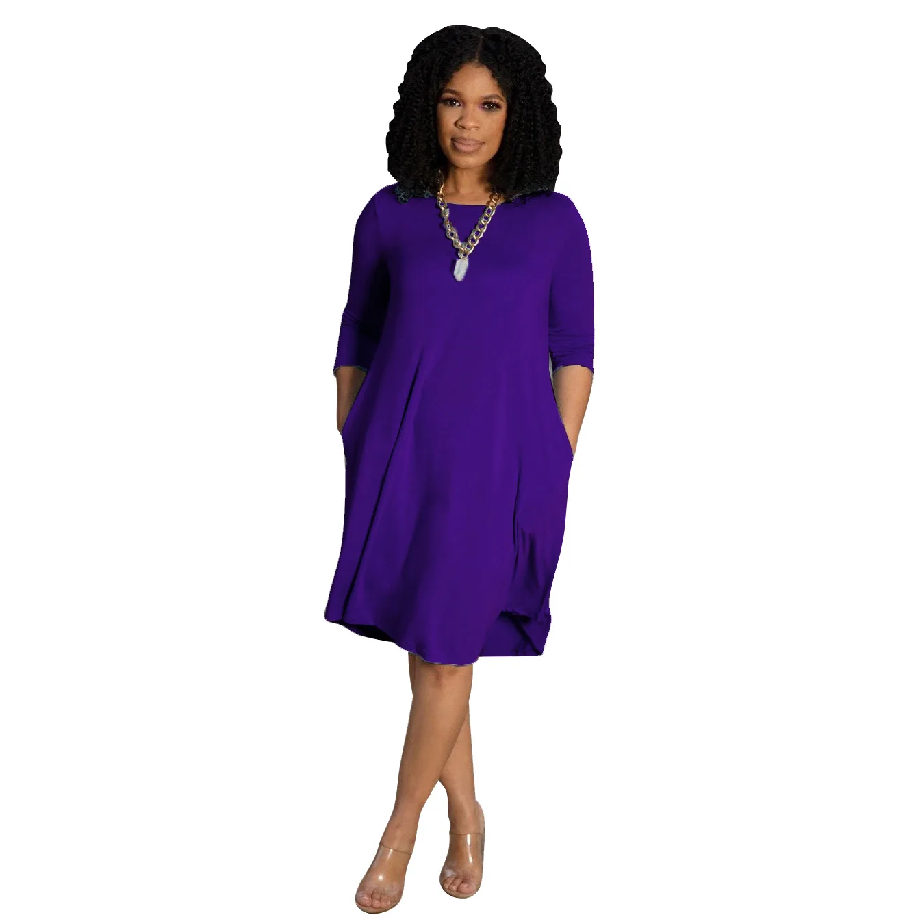 

Casual Women Midi Dress Spring O-neck Long Sleeve Solid High Waist Basic Casual Loose Fashion Elegant Party Dresses Clothes New