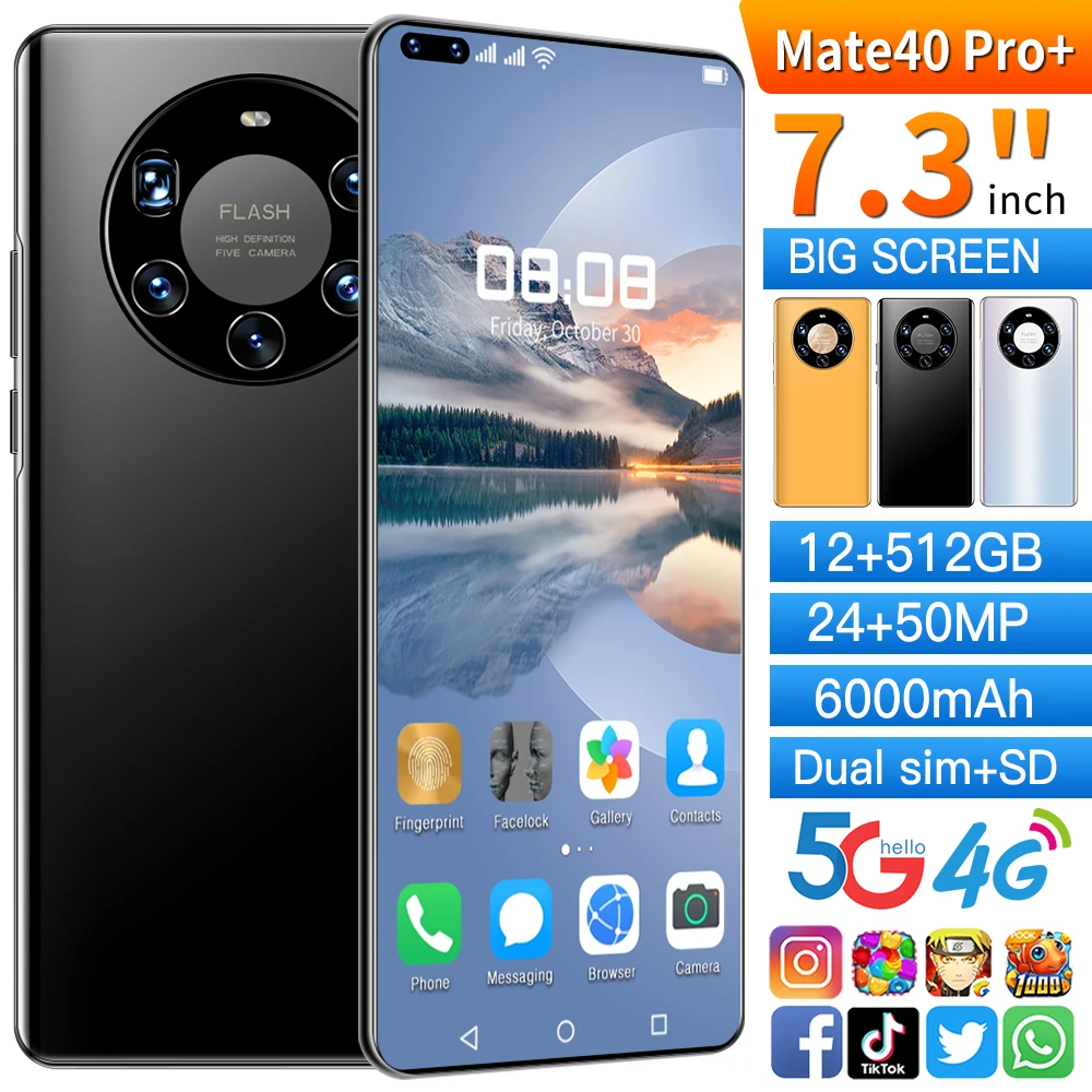 Mate40 Pro + дешевый смартфон Новый 12 512 Гб 13 24 Мп 1080*2400 Andriod 10 Мобильный телефон 5000 мАч