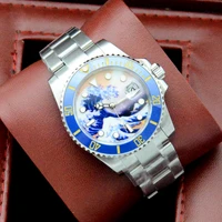 fashion 40mm stainless steel silver case kanagawa surf dial date luminous mens casual luxury mechanical automatic watch