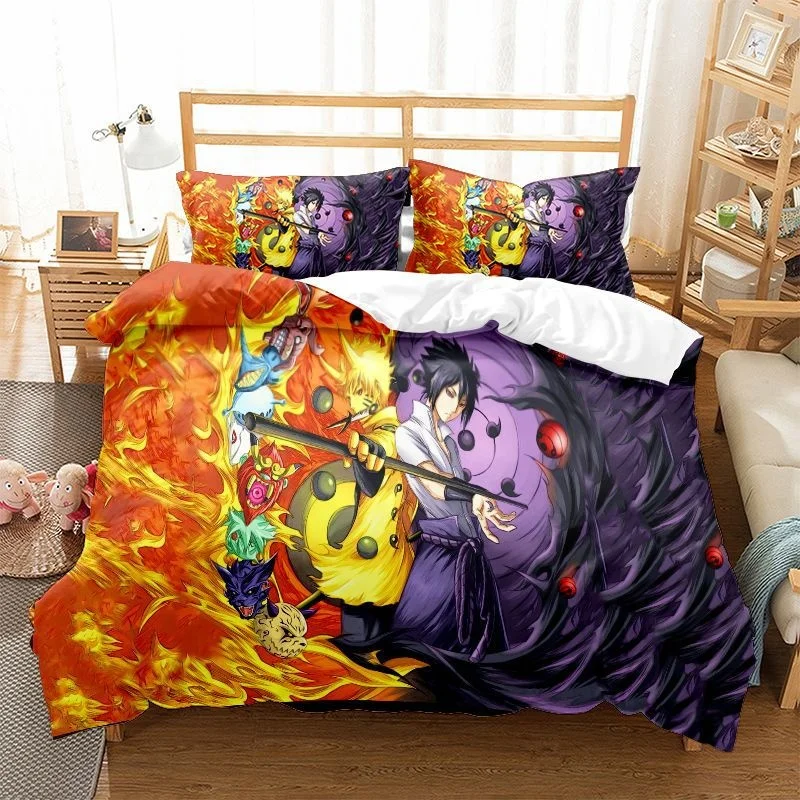 Juego de cama Ninja Uzumaki Uchiha Narutoes, funda de edred&oacute;n, funda de almohada, doble, Queen, King Size, dormitorio para ni&ntilde;os, textiles para el hogar-5