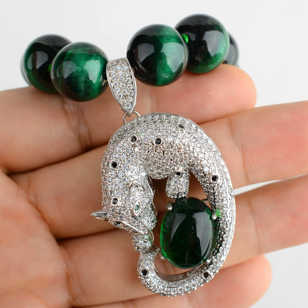 

Women's 18" Round Green Tigers Eye Necklace CZ Pendant