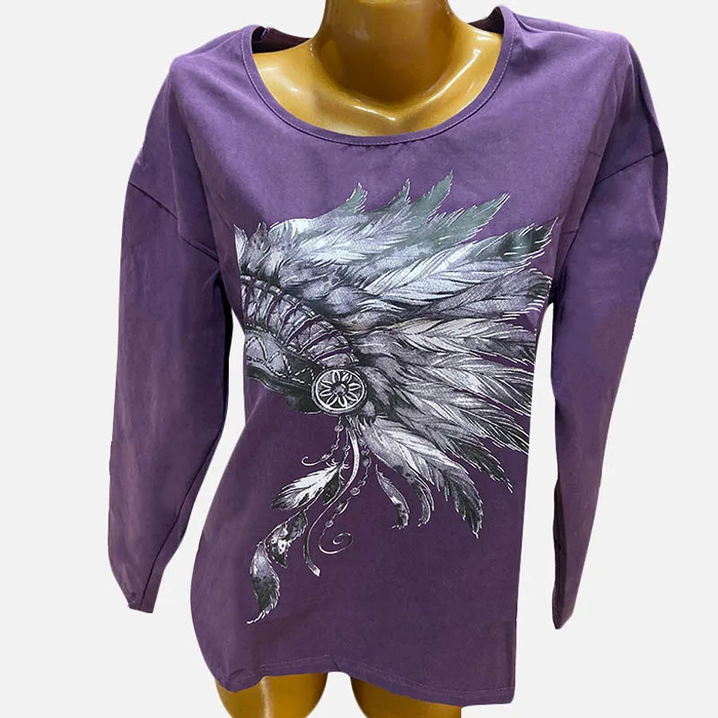 Женская футболка с длинным рукавом летучая мышь принтом перьев свободного