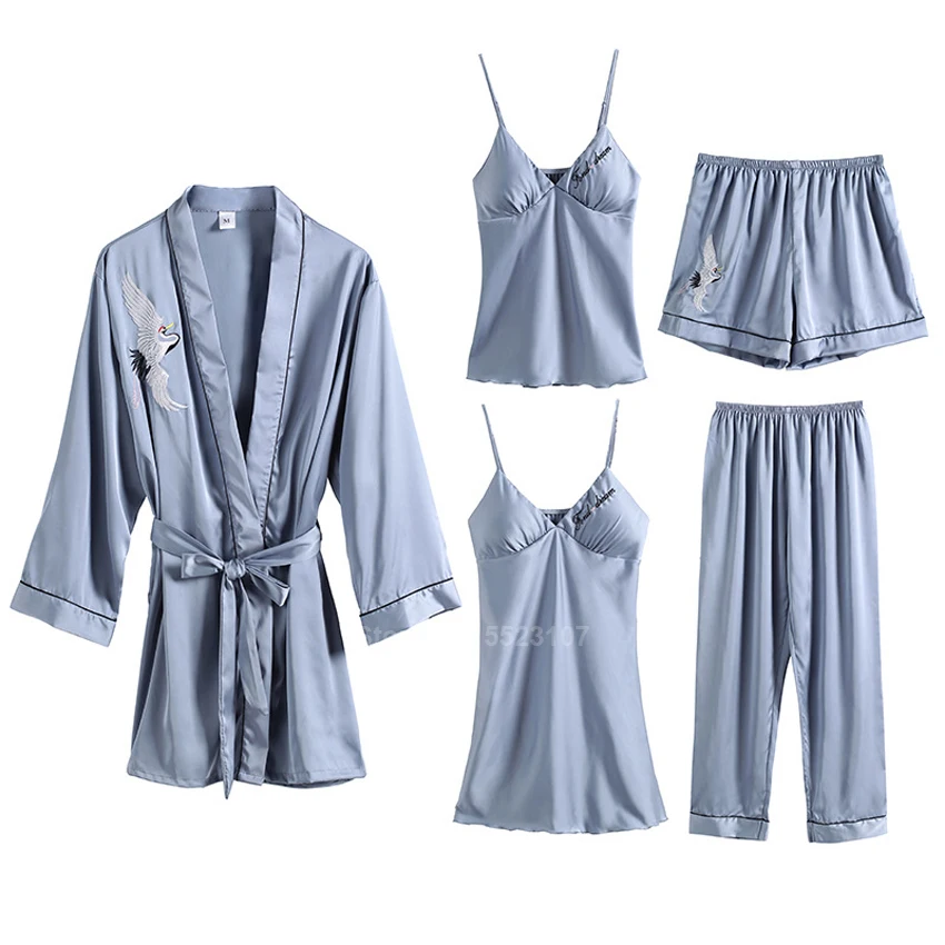 Комплект пижамный женский атласный из 5 предметов шелковая ночная рубашка с