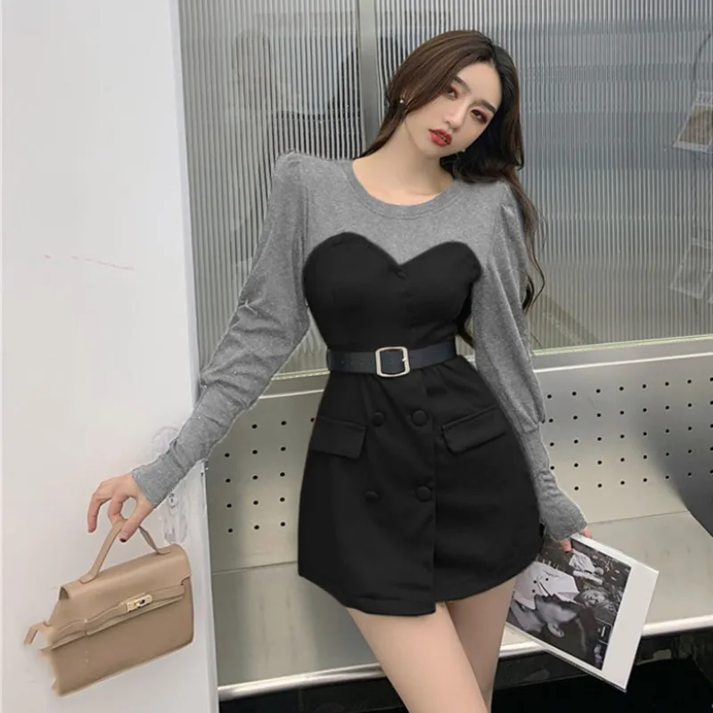 

2021 Early Spring New Korean Style Fashion Temperament Casual Street Fried Suit Sweater Stitching Fake Two High-Waisted Dresses