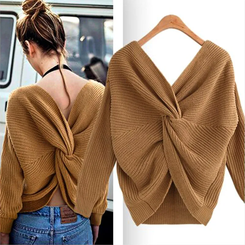 Популярный Женский Повседневный свитер с v-образным вырезом сзади женские