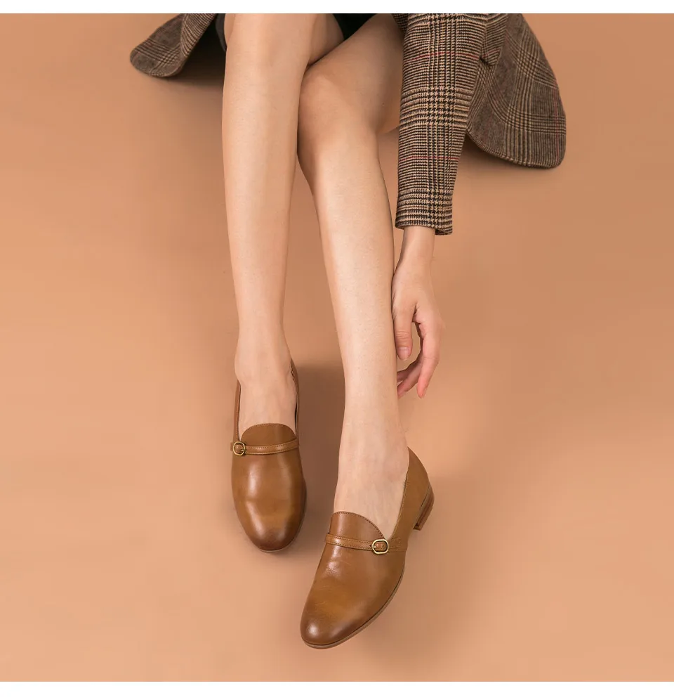 BeauToday Loafers Women Genuine Cow Leather Round Toe Buckle Ladies Slip-On Casual Flat Shoes Handmade 27159