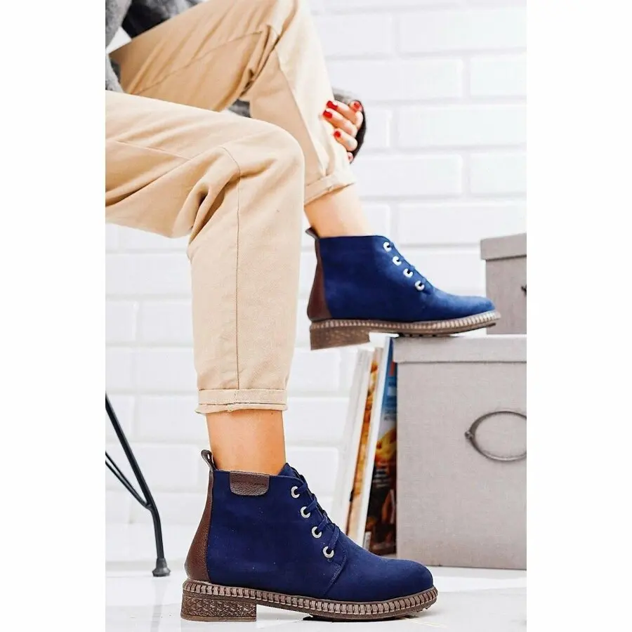 

Women Boots Limoya Priya Navy Blue Suede Brown Detailed Lace-Up Boots