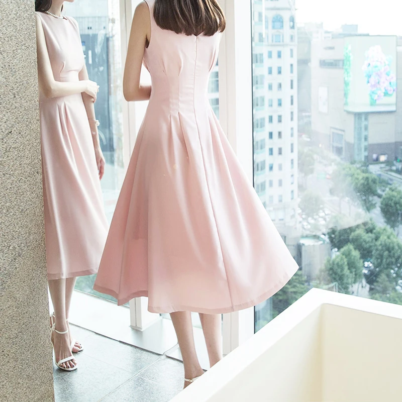 

COIGARSAM Women Dress Summer 2021 New Office Lady Korea Style Fashion Sleeveless Solid O-Neck High Waist Zipper Dresses Traf