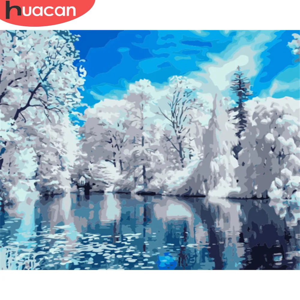 Фото HUACAN DIY картина маслом по номерам зимние пейзажные наборы Рисование холст ручная