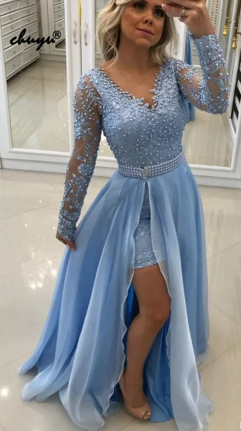 

Blue Evening Dresses Full Sleeves Organza Pearls Belt Slit Islamic Dubai Saudi Arabic Evening Gown Boho Prom Dress