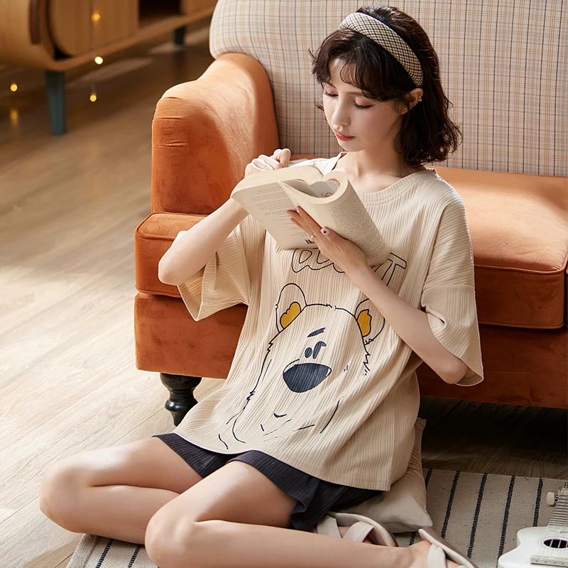 

New Summer Short Sleeved Knited Cotton Women's Pajama Set Cute Green Cartoon Short Pants Pajama Sets Sleepwear Pyjamas M-2XL