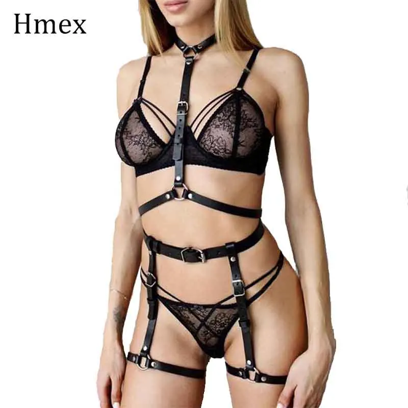 1 Set F 2 Piece Set Women Erotic Leather Harness Garter Sexy Harajuku Bra Garter Belt Punk Bondage Chest Corset Suspender Sets - Цвет: 1 Set F