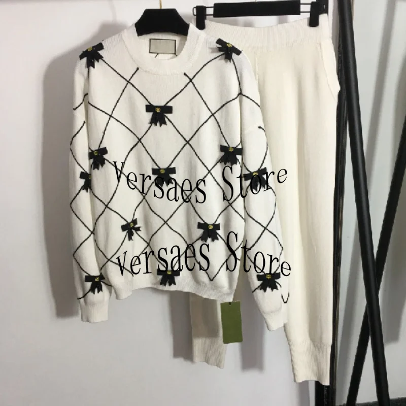 

2021 Luxury Design Women's new fashion knitted sportswear embroidered bow diamond check Pullover Sweater + Leggings casual pants