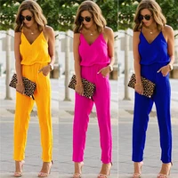 2022 summer women holiday casual sleeveless jumpsuits fashion ladies solid color bodysuit wide leg loose long pants trousers
