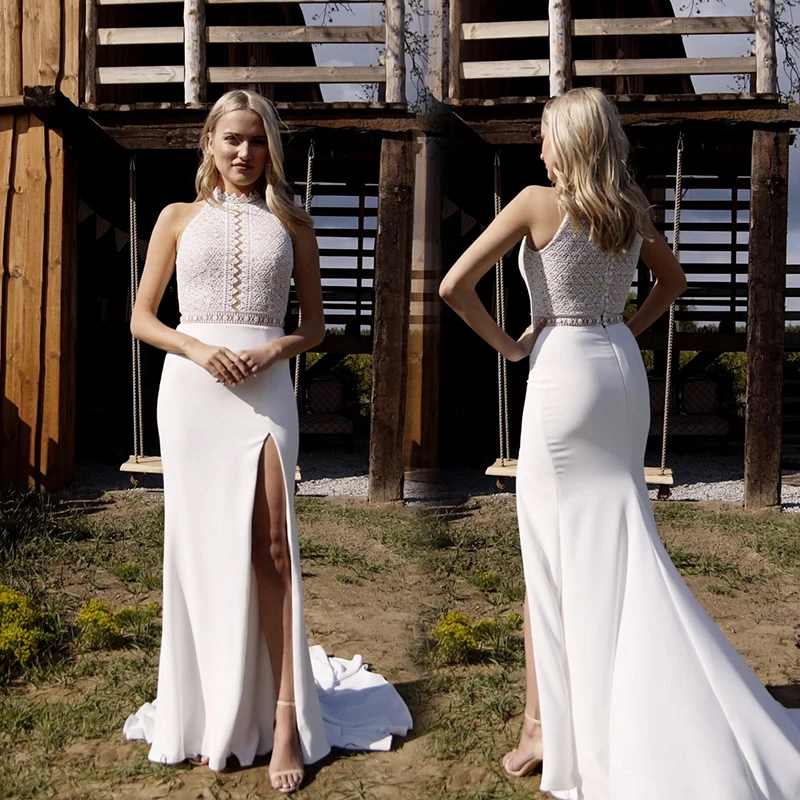 

Bridal Gowns Wedding Dresses 2021 Lace High Neck Sexy New Collection Sweep Train Vestido De Noiva Fashion Dress with Front Split